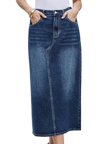 Image of Allegra K Denim Skirt for Women Midi Length Elastic Waist Split Back Long Jean Skirts Dark Blue M