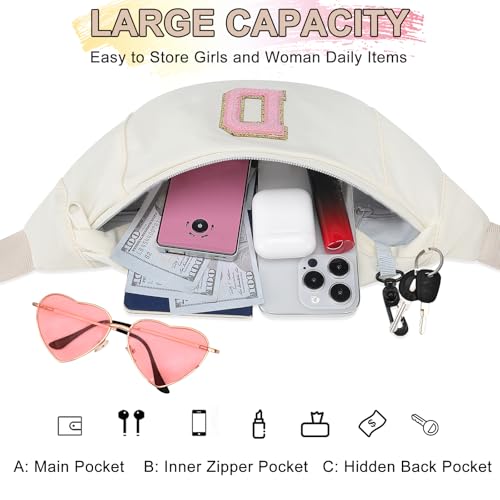 Image of MAXTOP Birthday Gifts for Women Men,Personalized Initial Letter Patch Fanny Pack Crossbody Bag with 3-Zipper Christmas Gift Trendy Stuff for Daughter Sister Her,Beige D