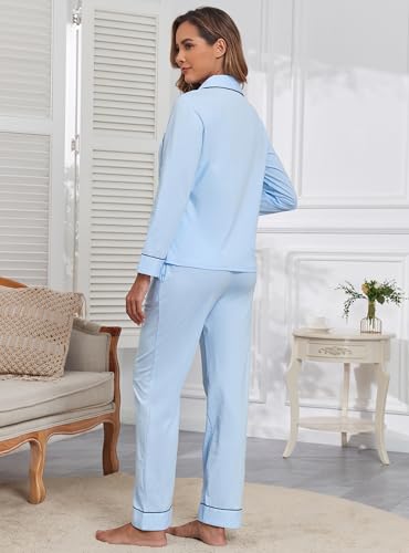 Image of Veseacky 100% Cotton Women's Pajama Set Long Sleeve Button Down Sleepwear Soft Pjs Lounge Sets Nightwear Pjs XS-XXL