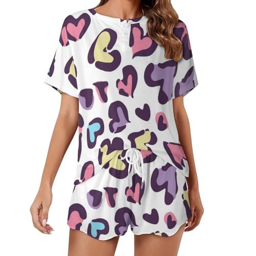 Pyjama ensemble manches courtes respirant au motif cœur coloré pour femme