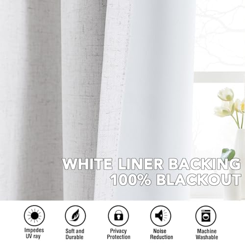 Image of H.VERSAILTEX Linen Curtains 100% Blackout Curtains for Bedroom 84 inch Long Full Light Blocking Nature Linen Blended Window Curtains for Living Room Nickel Grommet (2 Panels, Heathered White)