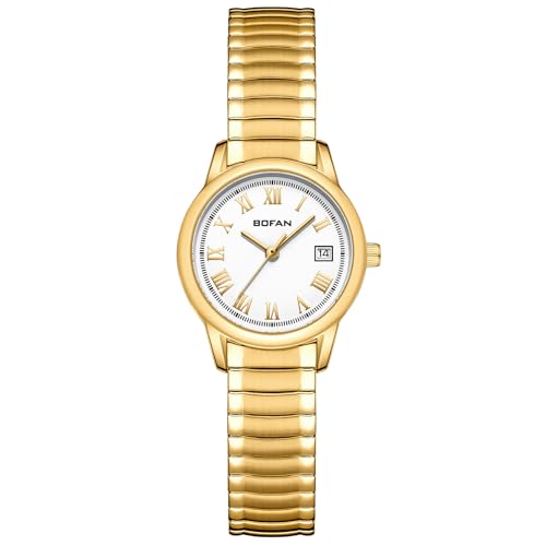 BOFAN Small Gold Watches for Women with Vintage Stainless Steel Expansion Band Classic Round Case Roman Dial Date Display Water Resistant(5.90in-6.70in)