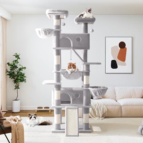 Image of Allewie 81 Inches Tall Cat Tree /Multi-Level Large Climbing Tree House and Towers for Big Feline /Condo and Hammock /Scratching Post /Wide Base /Grey