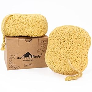 myHomeBody Bath Sponge, Foam Loofah, Body Scrubber for Bathing, Exfoliating Shower Pouf for Shower – Large Size, Lots of Lather, Curvy, 2 Pack