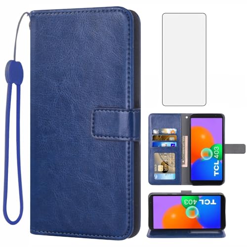 Asuwish Compatible with TCL 403 Wallet Case Tempered Glass Screen Protector Credit ID Slot Leather Flip Cover Card Holder Stand Cell Accessories Phone Cases for TCL403 Women Men Blue