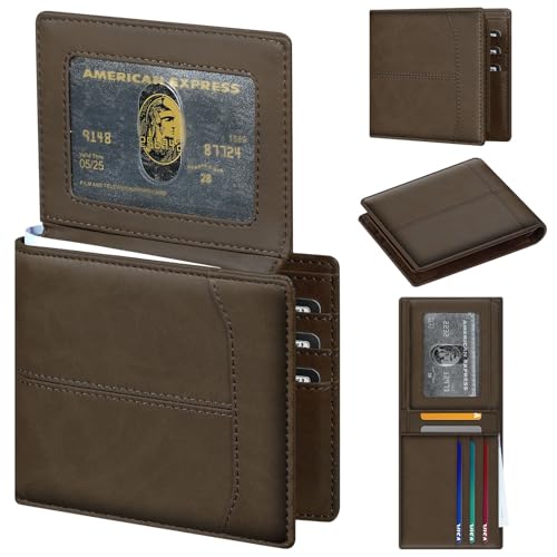 Image of furid Top Grain Leather Wallet Men: RFID Minimalist Bifold Credit Card Holder with 2 ID Windows - Slim Front Pocket Wallets for Men - Gifts for Husband Father on Anniversary Birthday