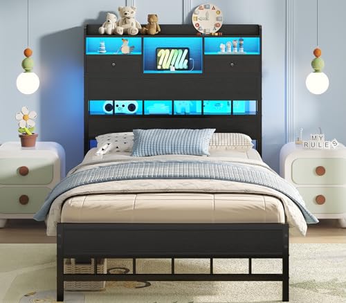 BTHFST Twin Bed Frames with Headboard & Charging Station, LED Bed Frame Twin with 5 Storage Shelves & Under Bed Storage, Platform Bed Frames for Kids, No Box Spring Needed, Black