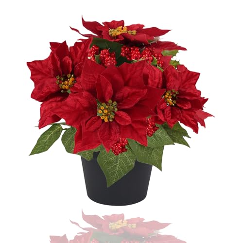 WOBUBU Fake Poinsettia Plants with Red Berry 14...