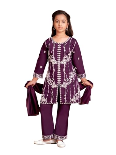 Image of Aarika Girls Ethnic Wear Purple Colour Thread Embroidery Kurti Pant Set With Dupatta