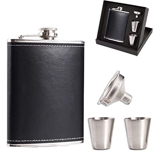 Petaca de acero inoxidable, adecuado para llevar alcohol, petaca al aire libre se puede llevar a cabo, avec 2 tazas et 1embudo, adecuado para para senderismo, camping, regalo de 8 oz (piel negra)