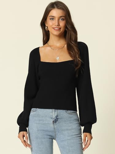 Image of Seta T Women's Square Neck Long Sleeve Sweaters Casual Ribbed Knit Fitted Pullover Sweater Tops