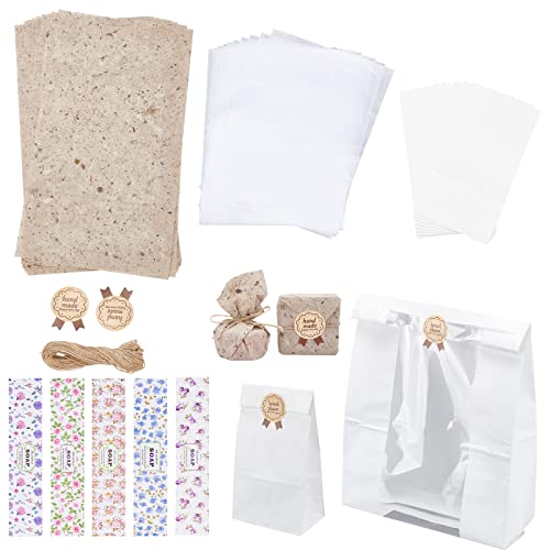 PandaHall Handmade Soap Packaging Kit - 30pcs Wrappers, 10pcs Greaseproof Paper, 12pcs Bags, 10 Sheets Bake Paper & 10 Yards Jute Cord