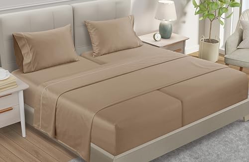 Split King Sheet Set, 100% Cotton Bed Sheets Split King Size Sheets Deep Pocket Set, 800 Thread Count Sateen Weave 4 Piece Luxury Bedding, Soft & Breathable No Pill Fade Resistant – Taupe