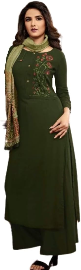 Casual wear Mehendi Green Embroidered Rayon Kurti with Palazzo and Matching Printed Stole