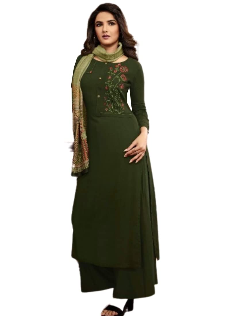 Casual wear Mehendi Green Embroidered Rayon Kurti with Palazzo and Matching Printed Stole
