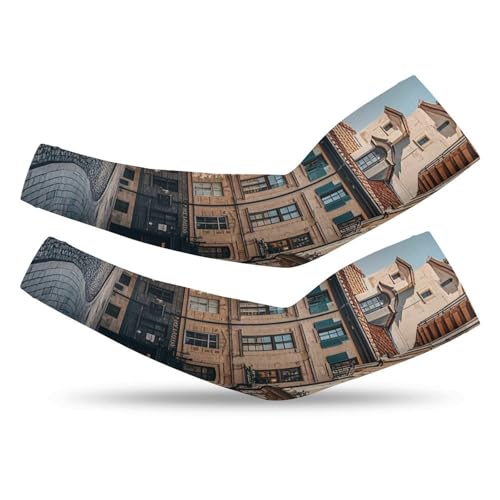 FHESDCW Facade Architecture Urban Image Arm Sleeves UV Protection Compression Sleeves, 1 Pair Stretchy Cooling Arm Cover, Style, XXL