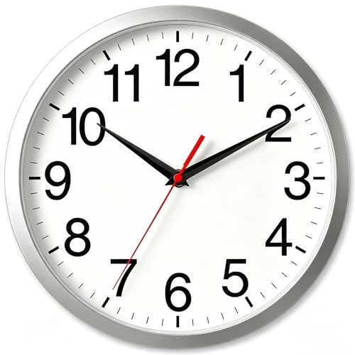 Image of Rohioue 12 Inch Wall Clock, Modern Battery Operated Wall Clocks, Silent Non Ticking Analog Clock for Bedroom, Kitchen, Bathroom, Office, Home, Living Room (Silver)
