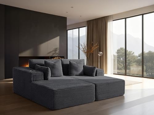 VYUXWO 72" Cloud Sectional Couch, Comfort Sleep Sofa for Living Room, Extra Deep Seats No Assembly, Minimalist Modular Couch, Corduroy (Dark Grey, Loveseat Chaise)