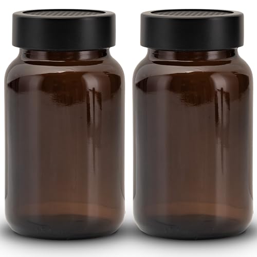 Koffs Design Spargitore per cacao e zucchero a velo in vetro ambrato con inserto in acciaio inox, dosatore di cacao, cannella e zucchero a velo, 150 ml, spargitore in polvere bianco, 2 pezzi