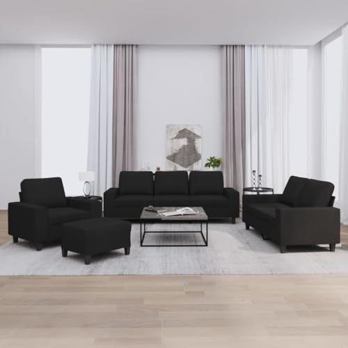 Mandloder Juego de 4 sofás de tela negra, moderno juego de salón con sillón, 2 plazas, sofá de 3 plazas y reposapiés, resistente, cómodo, para el hogar