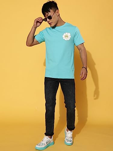 Image of Veirdo Cotton Blue Radiance & Orange Regular Fit Half Sleeve Crew-Neck Printed T-Shirt for Men