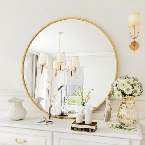 Image of VooBang Gold Round Mirror, 23 inch Circle with Simple Metal Frame, Modern Hanging for Bathroom, Bedroom, Entryway Wall Decoration