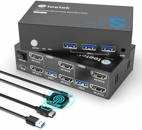 Hdmi KVM Switch 2 Monitors 2 Computers, 3 USB 3.0 Ports,4k@60Hz Kvm Switches Sharing of Dual Monitors Keyboard Mouse Hard Drive and Printer Between 2 Computers，with EDID，2 USB Cables and 1 Controller : Electronics