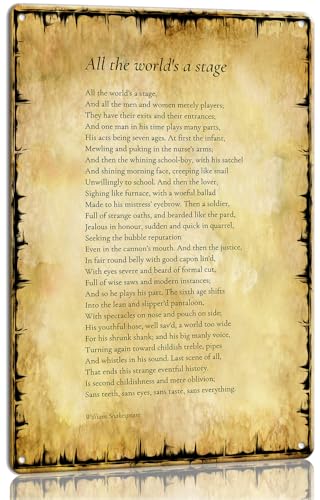 Panfegze Metal Tin Sign All The World's A Stage Poem Wall Decor William Shakespeare Quotes Wall Art Poetry Poster Prints Painting Es Decorative for Living Room (8x12inch(20cmx30cm))