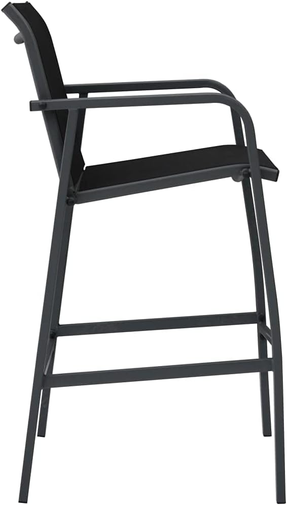 Set of 2 Black Steel Textilene Bar Chairs Outdoor Patio Garden Furniture, Modern Lightweight Weather Resistant Comfy Bar Height Chairs with Cushioned Seat for Garden Patio Balcony