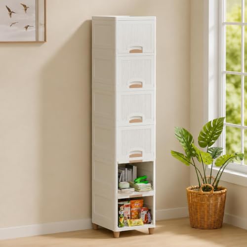Image of Multipurpose Foldable Drawer Cabinet Organizer - Plastic Storage Cupboard with Double Door & Wheels | Clothes Rack, Kids Wardrobe for Home, Kitchen, Office (Ivory Drawer) 6 Layer