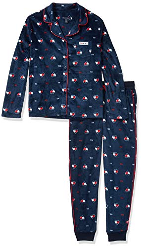 Tommy Hilfiger Women's Long Sleeve Super Soft Minky Fleece Pajama Set, Tommy Flag Heart Navy Blazer, L