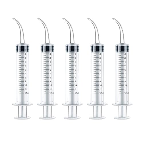5 Pack Dental Syringe Disposable 12ml Dental Irrigation Syringe with Curved Tip for Oral, Dental Care, Tonsil Stone Squirt, Feed Pet, Liquid Injection, Oil, Glue, With Clear Measurement (C 5 Pack 12ml)