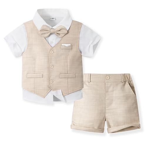 Image of Volunboy Baby Boys Summer Suits Short Sleeve Wedding Ring Bearer Outfits 4Pcs Graduation Dress Vest Shirt Bowtie Shorts Set