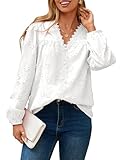 Simplee Womens Eyelet Long Sleeve White Blouses V Neck Button Down Cotton Embroidered Fall Blouse Shirts Fashion Clothes S