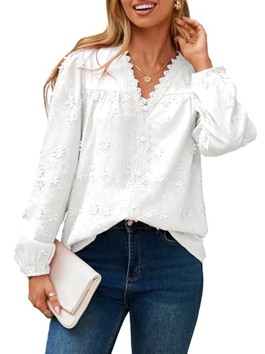 Simplee Womens Eyelet Long Sleeve White Blouses V Neck Button Down Cotton Embroidered Fall Blouse Shirts Fashion Clothes XL