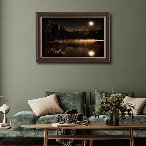 Image of Framed Vintage Moonlit Lake Canvas Wall Art, Misty Forest Night Landscape Canvas Prints Pictures, Dark Nature Wall Decor for Living Room Bedroom Farmhouse Home Aesthetic