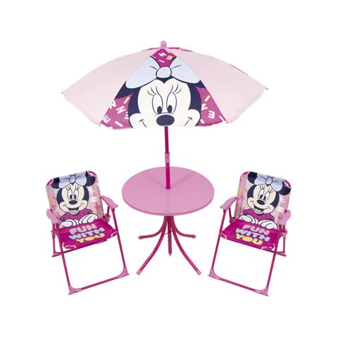 ARDITEX WD14418 Ensemble table (50 x 50 x 48 cm) avec 2 chaises (38 x 32 x 53 cm) et parasol (diamètre 110 cm) Motif Minnie de Disney