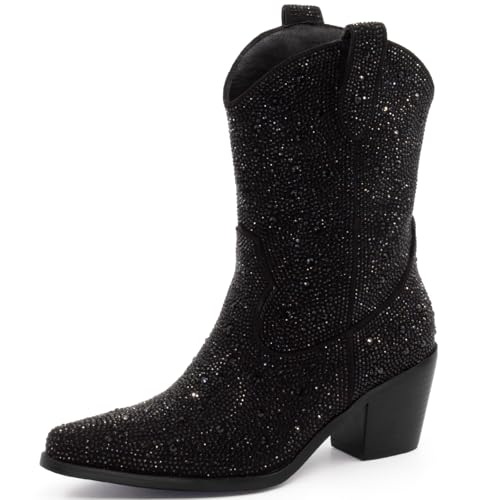 Missmiller Women’S Rhinestone Cowboy Boots Pointed Toe Mid Calf Boots Sparkly Block Heel Cowgirl Boots With Pull On Tabs cover
