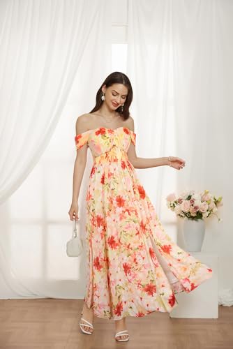 Image of GRACE KARIN 2026 Women's Summer Floral Wedding Guest Dress,Beach Flowy A Line Maxi Off Shoulder Bridesmaid Dresses