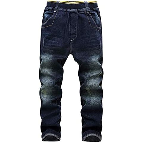 Rosiika Boy's Skinny Ripped Jeans Destroyed Distressed Taper Zipper Slim Pants with Holes, Blue Elastic Waist, 14 Cover