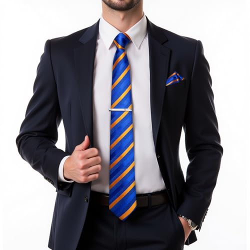 Image of DiBanGu Mens Striped Tie Silk Woven Necktie and Pocket Square Cufflinks Tie Clip Set Wedding Business Formal Gift Tie for Men