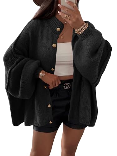 Image of Saodimallsu Women's Short Cardigan Open Front Sweater with Lantern Sleeves,Black,L