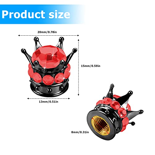 Crown Tire Valve Stem Caps, 4Pcs Handmade Bling Rhinestone Car Stem Air Caps Cover, Dustproof Tire Valve Caps For Bike Motorcycle Wheels, Auto Exterior Accessories For Girl Women (Black/Red) #TOP1
