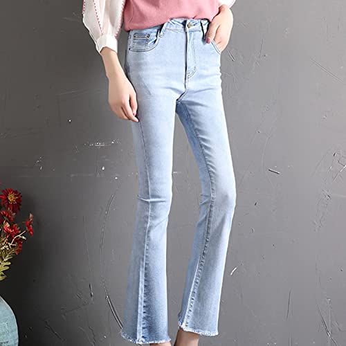 Women's Slim Wide Leg Flared Jeans Elastic Waist Bell Cropped Pants Solid Blue Bottom Raw Hem Denim Pants3