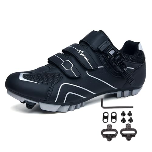 Treer Zapatillas de Ciclismo Respirables Zapatos Bicicleta Montaña Hombre, Zapatillas Ciclismo Carretera Unisex Zapatillas Montaña Calzado Bicicleta con Cleats   Negro Azul Marino