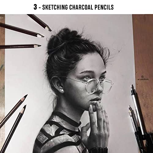 Image of DaKos 29 Pieces Professional Sketching & Drawing Art Tool Kit with Graphite Pencils, Charcoal Pencils, Paper Erasable Pen, Craft Cutter-Light weight (with Colorful Printed Rolling Pouch)