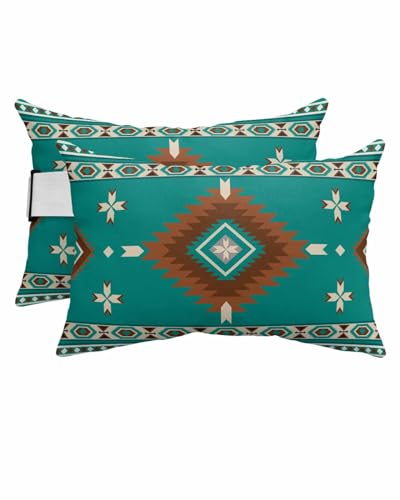 Boanket Outdoor Lumbar Pillow Set of 2, Teal Brown Southwestern Waterproof Beach Headrest Pillow with Inserts, Modern Ethnic Geometric Abstract Art Recliner Throw Pillow for Patio Furniture, 11