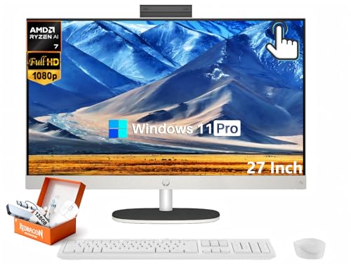 Image of HP All-in-One Desktop Computer 27 Inch Touchscreen, AMD Ryzen AI 7 350 w /50 NPU Tops, 32 GB DDR5, 2 TB SSD, FHD IPS Display, Copilot+ PC, Wi-Fi 6, BT 5.4, FHD Cam, Windows 11 Pro, Wireless KB & Mouse