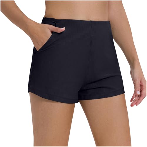 Workout Lounge Stretch Shorts for Women Ribbed Breath Athletic Shorts with Pockets Running Exercise Gym Yoga Shorts Black