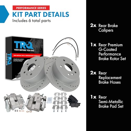 Image of TRQ Performance Rear Brake Pad and Rotor Set Semi Metallic Slotted Drilled Calipers Compatible with 2007-2012 Lexus ES350 2008-2012 Toyota Avalon 2007-2011 Camry